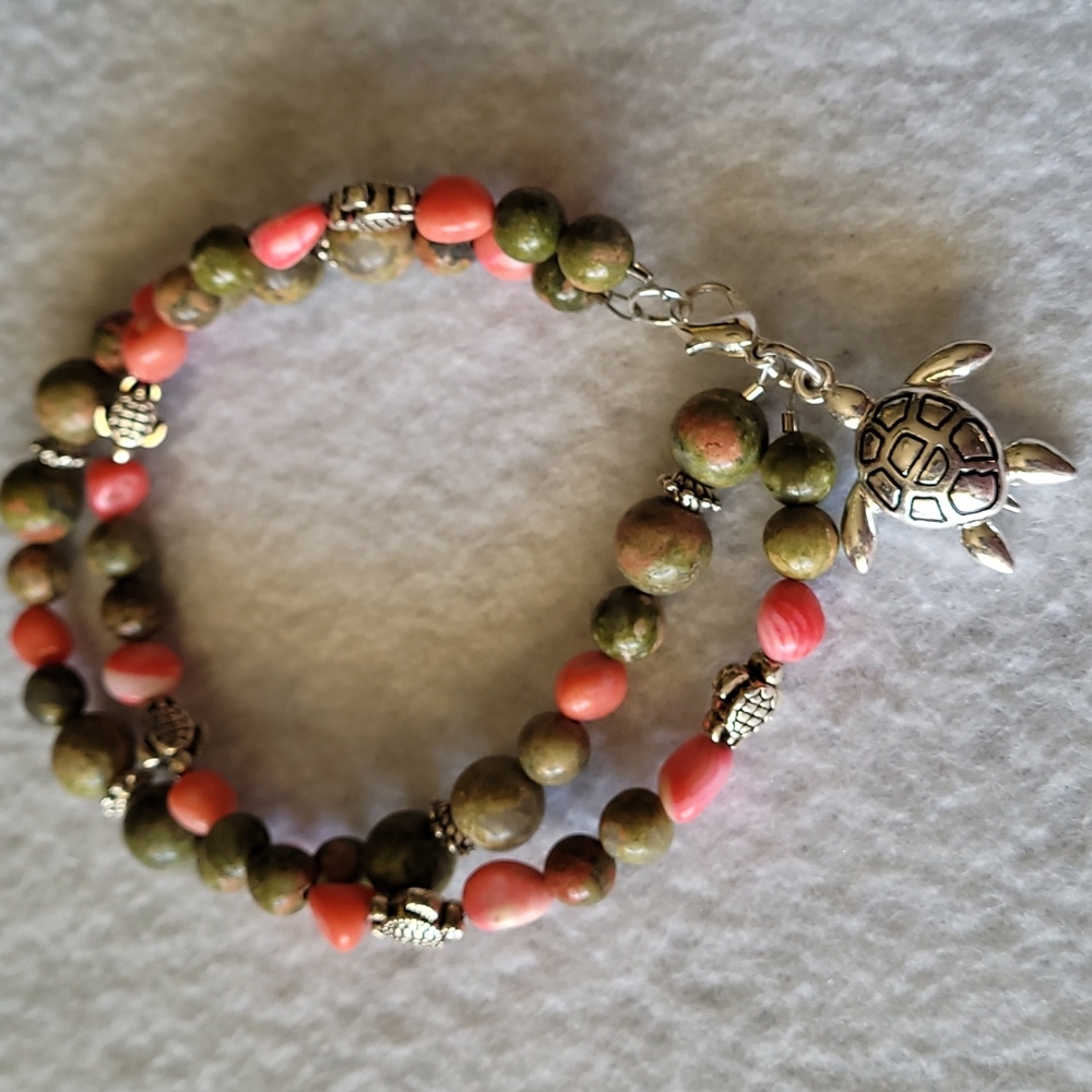 Pink/Salmon Semi-precious Muliti-strand Bracelet with Turtles